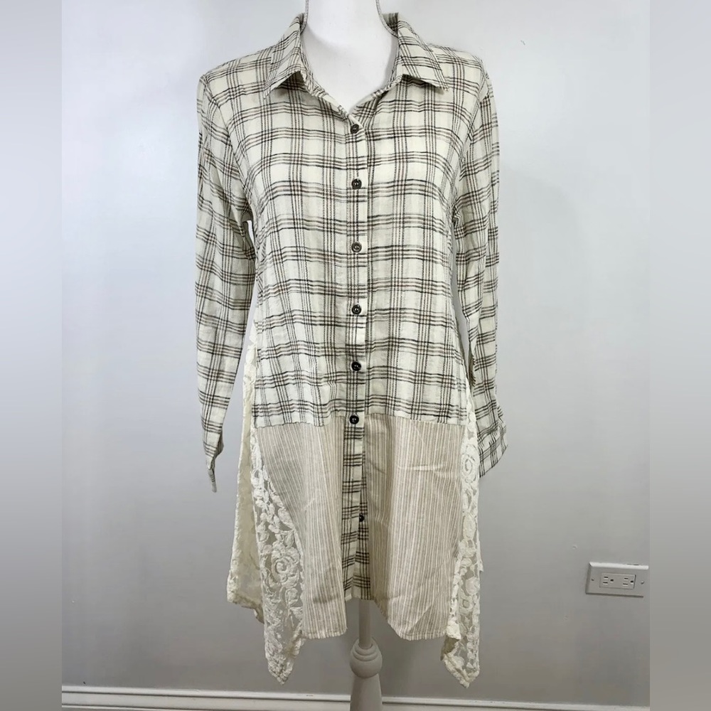 New w/o tags A’REVE Anthropologie Plaid Mixed Media Shirt
